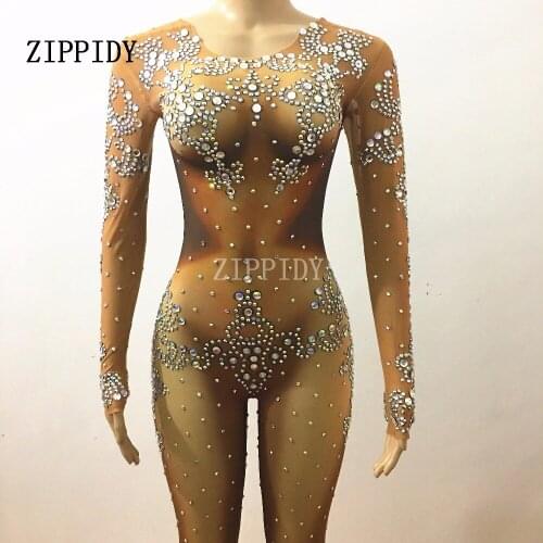 Sexy Mash Perspective Crystals Jumpsuit Evening Glisten Outfit Performance Dance Wear Stones Costume Singer Shiny Bodysuit