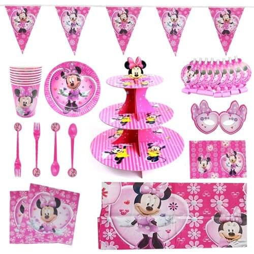 Disney Minnie Mouse Theme Birthday Party Supplies Cup Plate Kids Girl Birthday Party Decoration Tableware Princess Party