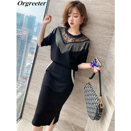 Temperment Ladies Two piece set Women Luxury Beaded Fringed stitching Lace hook flower Tops + Bodycon Skirts Suits Casual Outfit