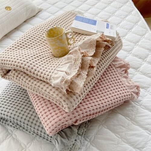 Mcao Waffle Sofa Bed Lace Towel Blanket 100%Pure Cotton Soft&Cozy Textured Plush Coverlet for Couch Bedroom Travel Office TJ3969