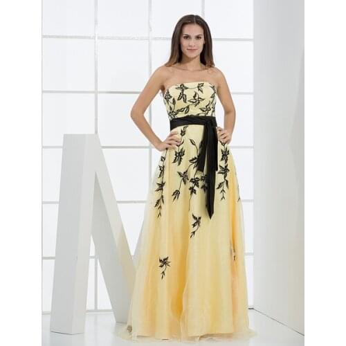 Daffodil Evening Dress Floor Length A line Strapless Embroidered Prom Dress With Ribbon Sash