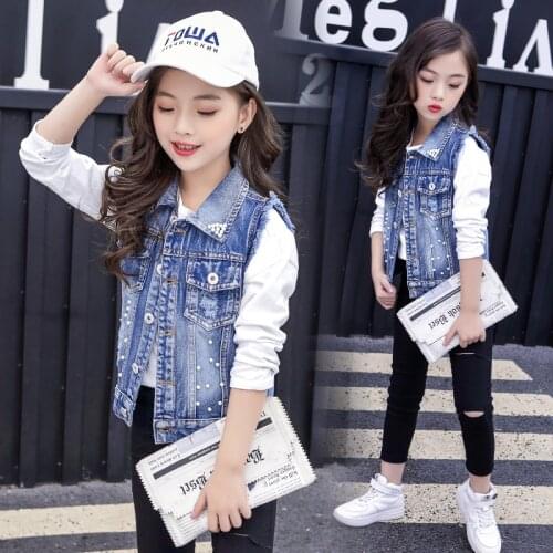 Spring Autumn Casual Girls Denim Vest Burr Wash Distressed Holes Kids Sleeveless Jackets Pearls Children Waistcoats 4-13T