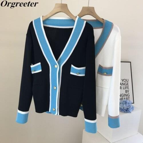 Small fragrance Knit Cardigan Women Autumn New Striped Patchwork Single-breasted Long-sleeved Sweater Womens Jacket Outwear