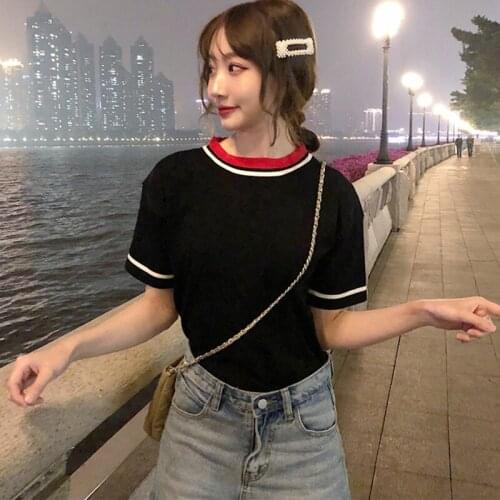 Patchwork Short Sleeve Tshirt Wild Korean T Shirt Casual O Neck Loose Tops Women Clothing 2020