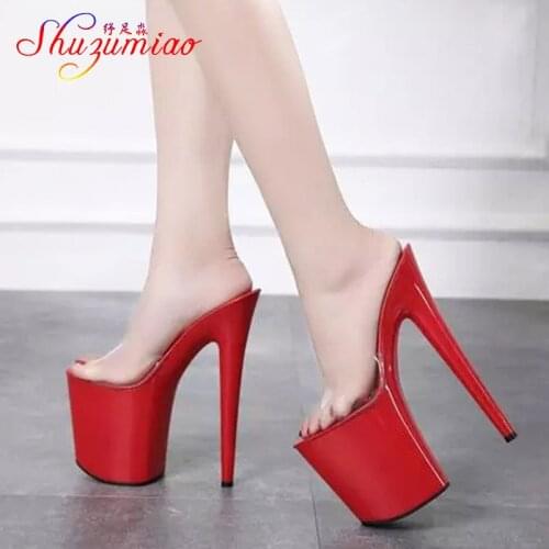 Slippers Women Summer 2019 Crystal Slipper High Heels 20cm Transparent Waterproof Cool Slippers Large size 34-42 Womens Shoe