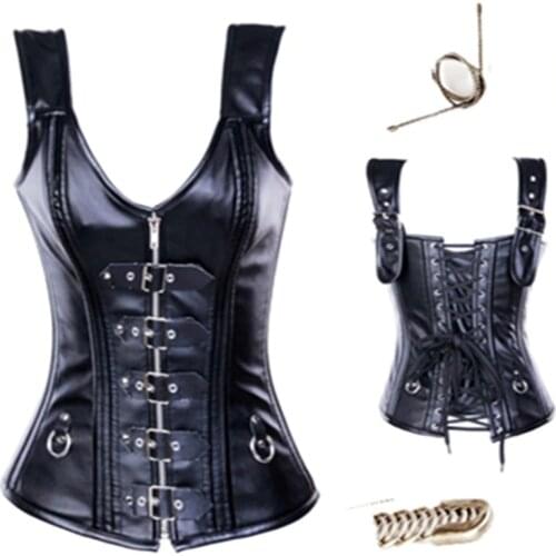 Womens Black Faux leather Overbust Steampunk buckle Vest Corset Zipper Corsets
