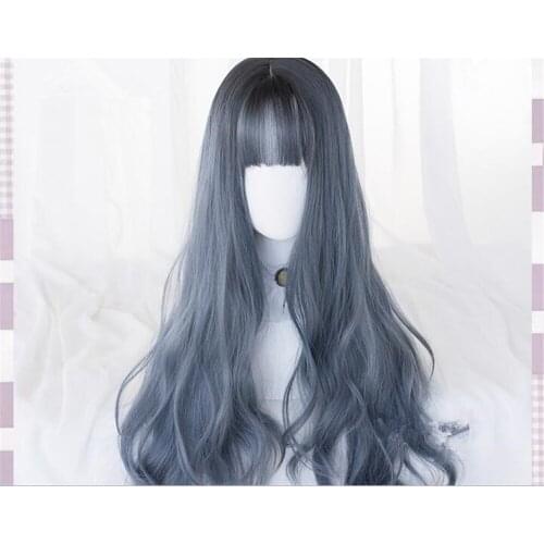 Lolita Girl Long blue gray for Lady Party Cosplay women wavy Wig D042