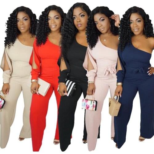 2019 Summer Sexy One Shoulder Women Jumpsuit Boot Cut Loose Jumpsuit Party Club Style Sashes Solid Pattern Rompers Overalls