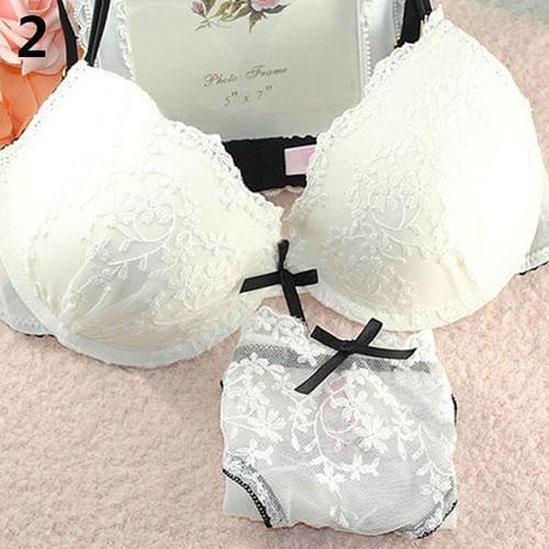 Women Sexy Lace Flower Embroider Bow Decor Push Up Bra Set Knickers Lingerie