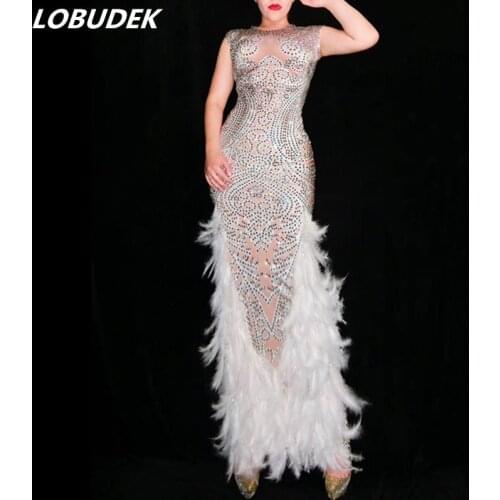 Women Singer Dancer Costume Sparkly Rhinestones White Feathers Skinny Dress Evening Prom Celebration Host Stage Show Long Dress
