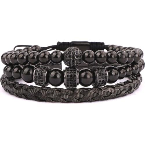 3PC/SET Luxury CZ Pave Ball Tube Black Stainless Steel Beads Macrame Men Bracelet Bangle Set