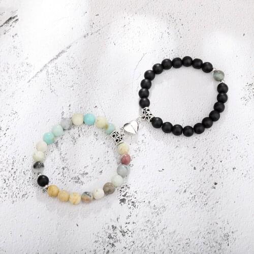 2Pcs Natural Stone Beads Couple Bracelet Heart-shaped Magnet Attract Beaded Bracelets Teen Boys and Girls Back to School Gifts