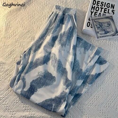 Tie Dye Casual Pants Women All-match Straight Loose Elastic Waist Ankle-length Thin Designed Trousers Girls Retro Simple Summer