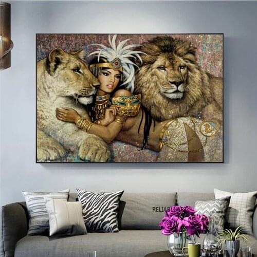 Ancient Egyptian Sexy Ladies Women and The Lion King Canvas Art Painting Posters and Prints Art Pictures Home Decor