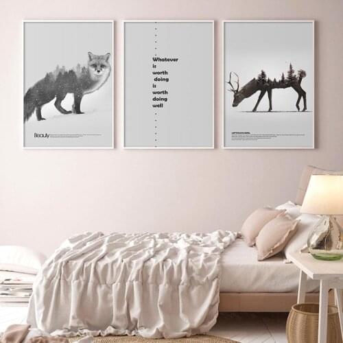Nordic Minimalist Poster Deer Fox Silhouette Forest Quote Print Canvas Painting Animal Wall Picture Home Decoration Living Room