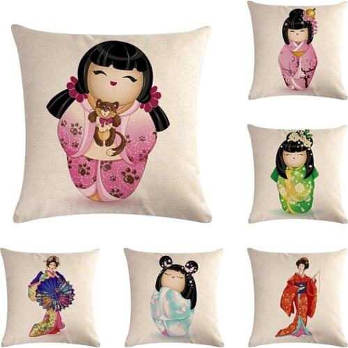 Japanese Geisha kimono doll pillow cover linen cotton car chair home decoration cushion cover 45x45