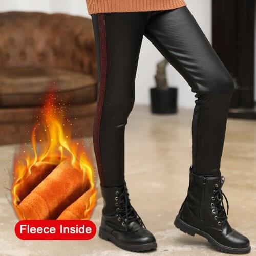 Girls Faux PU Leather Leggings Winter Thick Fleece Lined Skinny Pants Cartoon Print Kids Stretchy Legging Black