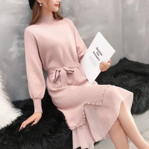 Fashion Beading Knitted Sweater Dress Women Autumn Winter Turtleneck Solid Long Sleeve Loose Sweater Dress Vestidos 2021 mujer