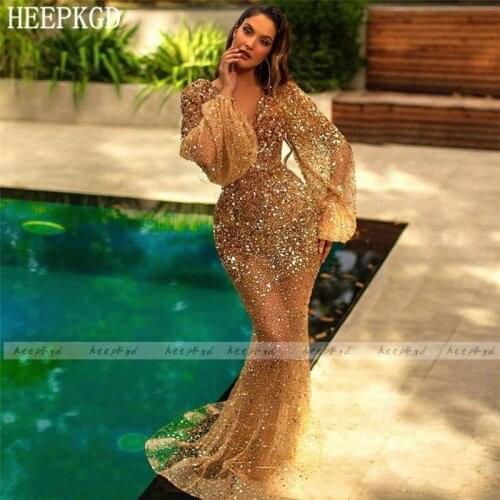 New Design Gold Dubai Evening Dress Luxury Long Sleeve Mermaid Visible Sexy Prom Gown Plus Size Women Pageant Dresses Customize