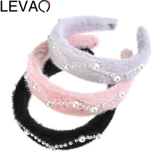 LEVAO New Pearl Beading Headband Soft Plush Tiara For Women Girls Cute Hair Bands Winter Headwear Hair Accessories
