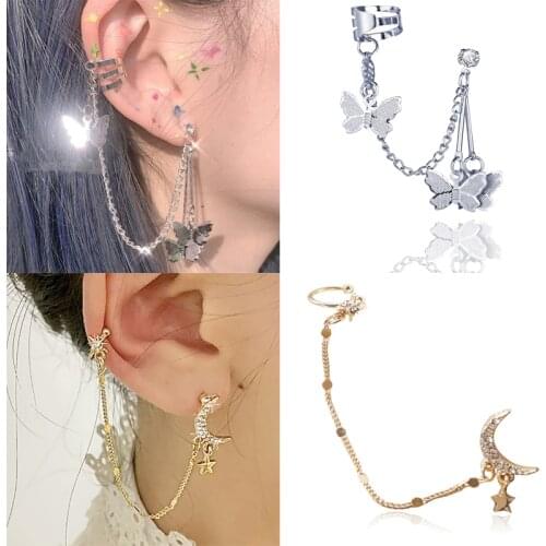 One-piece earring Rhinestone Moon Star Butterfly Long Chain Earrings hoop Tassel Piercing Earrings Jewelry for Women Girls Gift