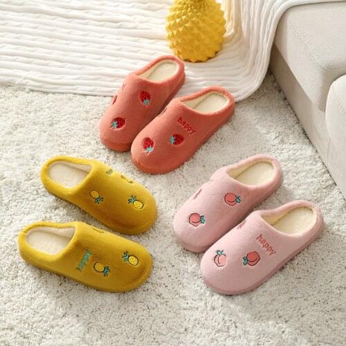 Cute Fruit Cartoon Winter House Slippers 2021 New Non-slip Soft Fur Warm Indoor Bedroom Lovers Couples Cotton Shoes