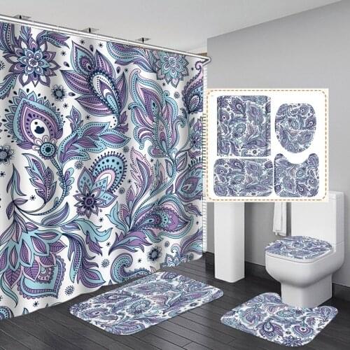 Blue Peacock Feather Shower Curtain Fashion Purple With Non Slip Rug Mat Waterproof Polyester Home Decor 180cm Bathroom Curtain