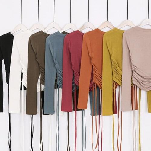 Sport Women Black Long Sleeve Crop Top Solid Fitness Yoga Workout T-shirts Waist Tie Female Sexy Sportswear