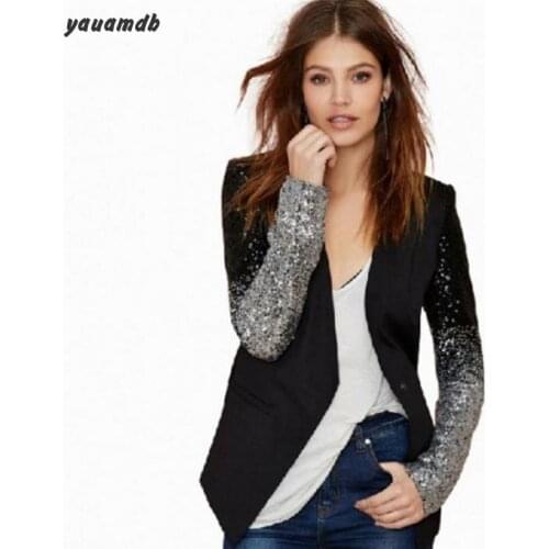 Yauamdb Women Outerwear Spring/Autumn Suits Blazer COAT Female Brand Lapel Silver Black Sequins LADIES Feminino Jacket Y76