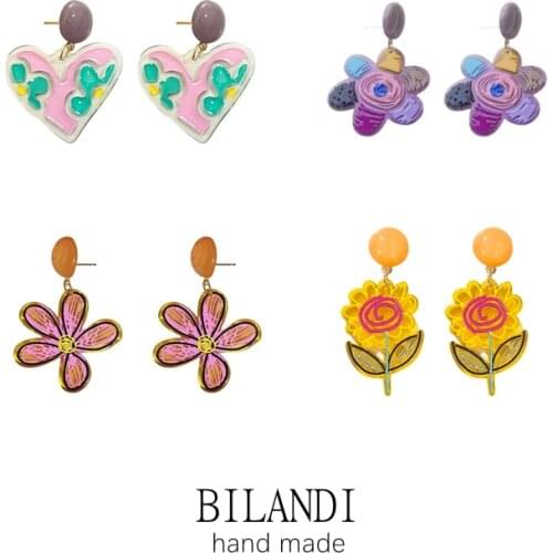 Bilandi S925 needle 2021 New Design Colorful Flower Earrings Sweet Korean Heart Acrylic Drop Earrings For Girl Women Gifts