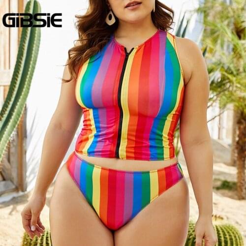 GIBSIE Plus Size Colorful Stripe Zip Up Swimmer Women Summer Casual Sports Bikini Set Two Piece Swimsuit 2021 Swimming Beachwear
