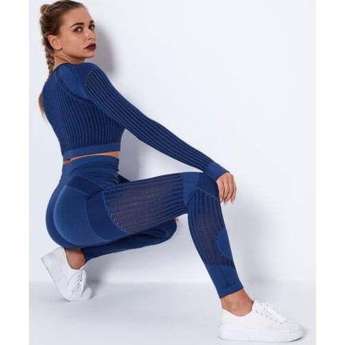 2020 New Women Seamless Yoga Set Gym Fitness Leggings Hollow Out Cropped Shirts Sport Suit Women Long Sleeve Tracksuit Activewea