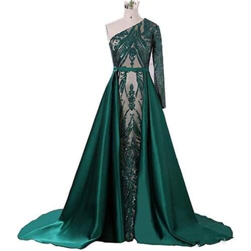 Luxury Dark Green Evening Dresses 2020 One Shoulder Zuhair Murad Dresses Mermaid Sequined Prom Gown With Detachable Train