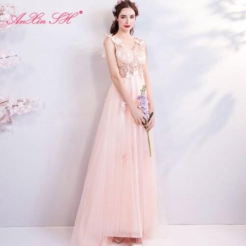 AXJFU princess pink lace flower Evening Dresses luxury sleeveless vintage v neck illusion beading butterfly evening dress 5118t