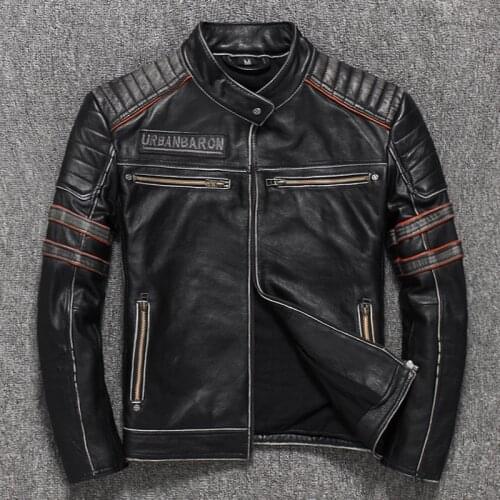 2020 Vintage Black Mens Genuine Leather Jacket Skull Embroidery Pattern Plus Size XXXL Real Cowhide Bikers Coat FREE SHIPPING