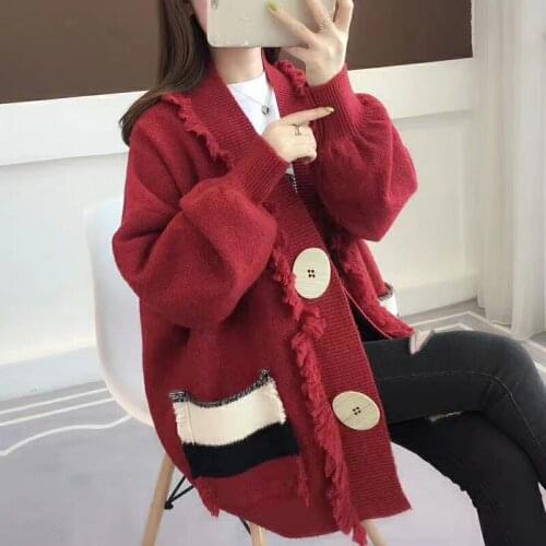 2021 Women sweater cardigans solid and pockets tassel big button new fashion style spring and autumn