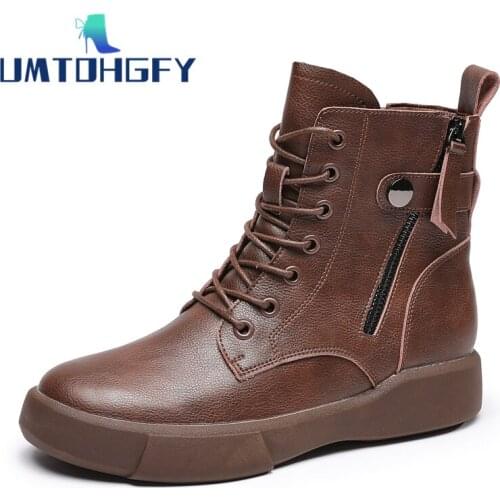 Brand New Design Round Toe Women Ankle Martin Boots 2022 Vintage Soft Genuel Leather Short Plush Winter Warm Snow Flats Shoes