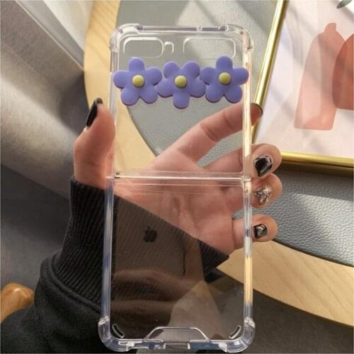 Fashion DIY Cute Fresh Purple Flowers Clear Case For Samsung Galaxy Z Flip Protective Shockproof Anti-Scratch Transparent Cover