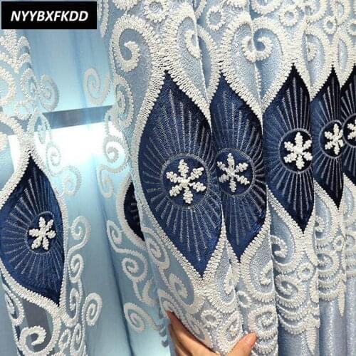 Blue Pink Blackout Curtain European Embroidered High-end Living Room Decorative Tulle Curtain Screens