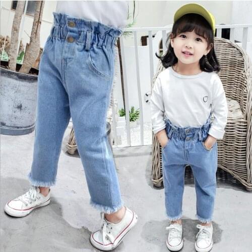 Girls jeans spring & autumn new fashion baby girl flower bud pants girls high waist lace pants loose children trousers 1-7Y
