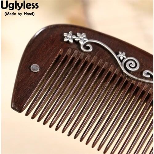 Uglyless Real Natural Sandalwood Hair Combs Women Classic Eastern Hair Jewelry 925 Silver Handmade Deer Lotus Flowers Hairwear