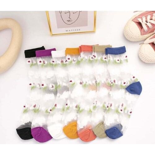 Summer for Women 1Pair Transparent Breathable Embroidered Flower Silk Nice Gift Mid Tube Socks Ultrathin