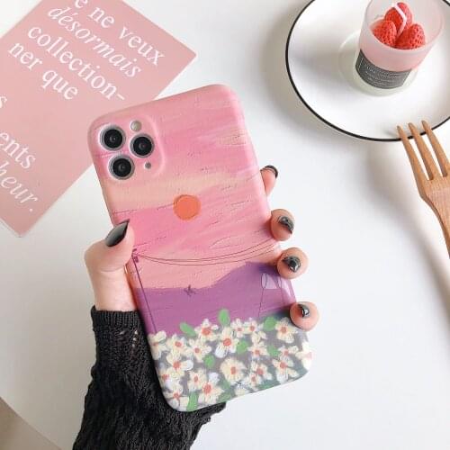 Embossing Retro Flowers sunset oil painting cute Phone Case For iPhone 11 Pro Max XR Xs Max X 7 7 Plus 8 Plus case Silicon Cover