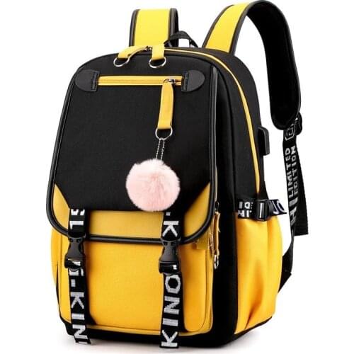 Fashion School Backpack For Girl Yellow Book Bag Student Pink Black Backpack Usb Port Waterproof Large Capacity Schoolbag