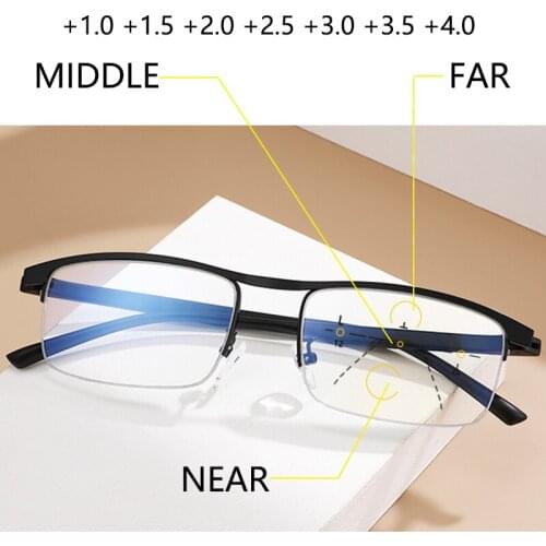 Multifocal Progressive Reading Glasses Men Women Metal Half Square Frame Presbyopic Glasses Anti Blue Light 1.5 2.0 2.5