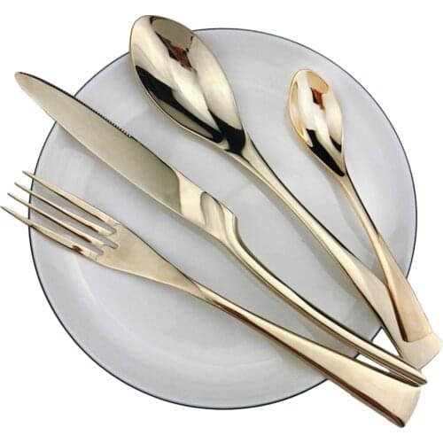 Set of 4 Luxury Shiny Mirror Champagne Knife Fork Spoon Cutlery Dinnerware Set 304 Stainless Steel Flatware Silverware Sets