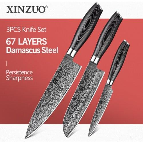 XINZUO 3 PCS Kitchen Knives Sets High Carbon Damascus Stainless Steel 8''+7''+5'' Chef Santoku Utility Knife Pakka Wood Handle