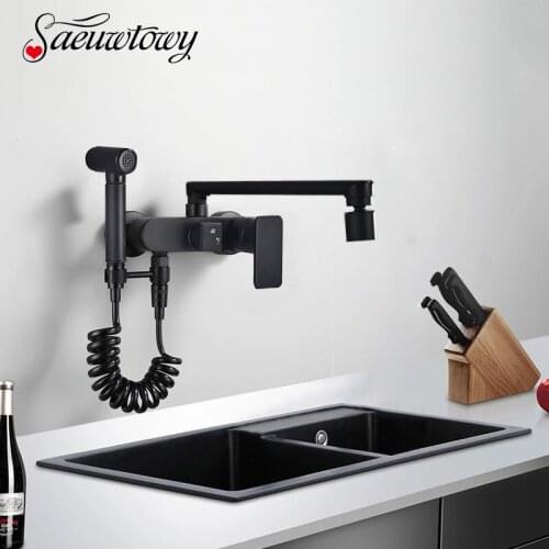 Wall Mount Kitchen Faucet Brass Rotate Spout Matte Black Kitchen Faucet Hot Cold Water Mixer Tap With Pull Down Sprayer Crane
