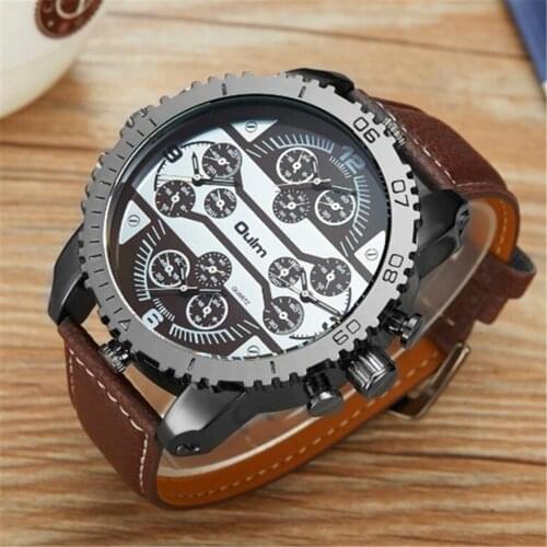 Oulm 5.8cm Mens Watches for Big Wrist Fashion Leather Strap Multiple Time Zone Japan movt Casual Quartz Watch Erkek Saat 2018