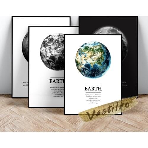 Black White Earth Mars Poster, Solar System Planet Art Prints, Nursery Wall Stickers, Astronomical Science Planet Wall Picture
